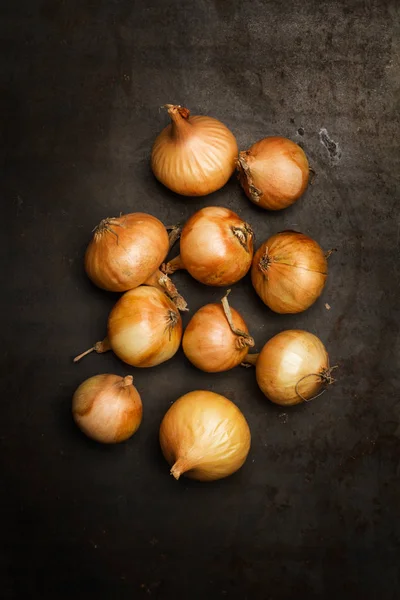 Small white french onions on a rusty metal table