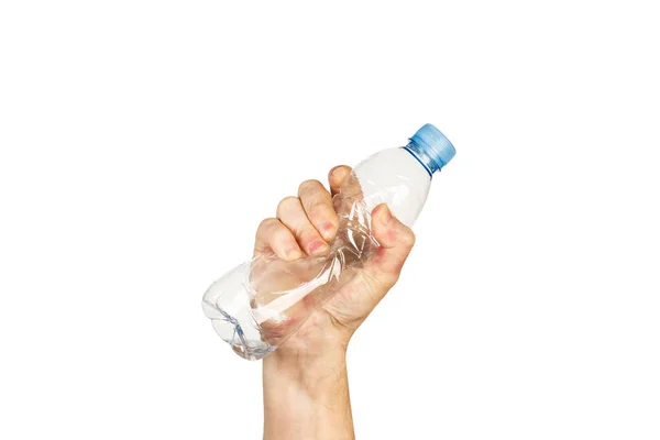Homem Esmagando Uma Garrafa Água Plástico — Fotografia de Stock
