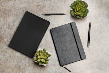 Defterler, kalemler ve mermer bir masanın üzerindeki sulu bitkiler.