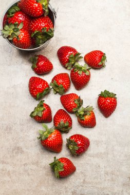 Misket masasında galvanizli kovada lezzetli çilekler.