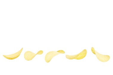 Patates cipsleri beyaz arkaplanda farklı pozisyonlarda