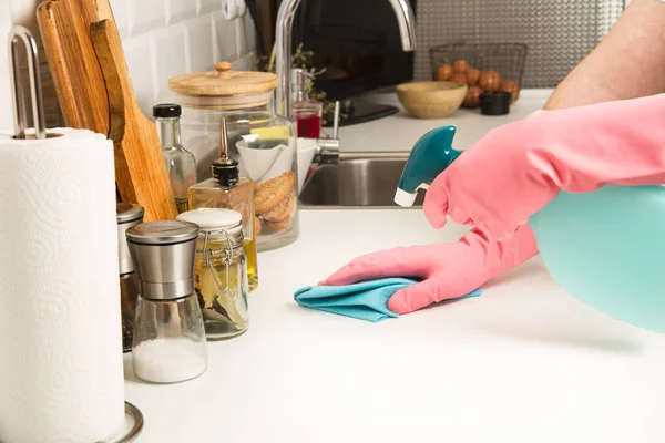 Man Cleaning White Kitchen Countertop Sponge Cloth Detergent — Stock Photo, Image