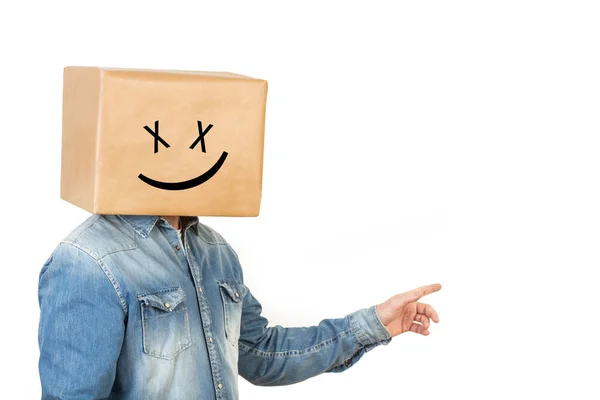Człowiek Stojący Głową Pudełku Śmiejący Się Gestu — Zdjęcie stockowe