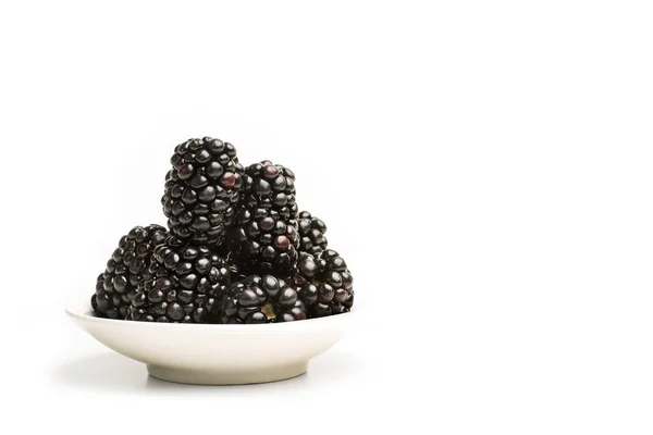 Blackberries White Plate White Background Copy Space — Stock Photo, Image