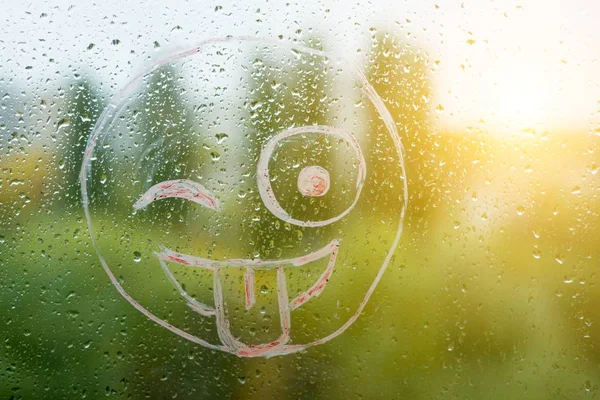 Positive funny smiley on rainy autumn window