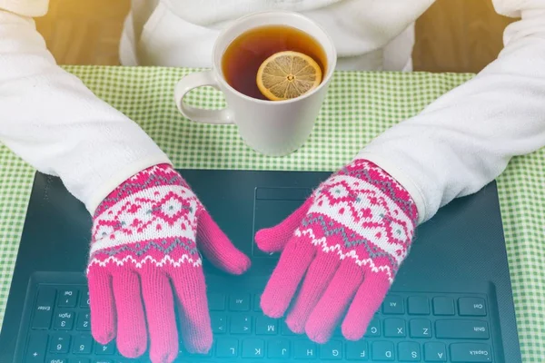Zima na tle - obraz, laptopa, rękawiczki, swetry, gorącej herbaty. — Zdjęcie stockowe