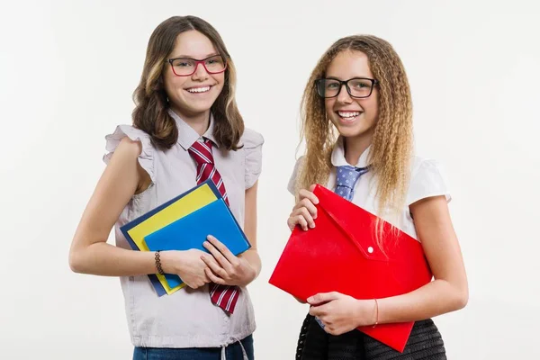 Happy high school friends closeup portrait. Pose on camera, in school uniform — Stock Photo, Image