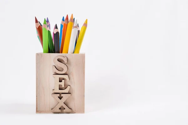 Word sex abstract letters, white background colored pencils. — Stock Photo, Image