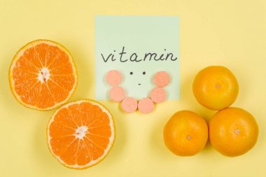 Word vitamin C. arka plan sarı, C vitamini, narenciye ile etiket.
