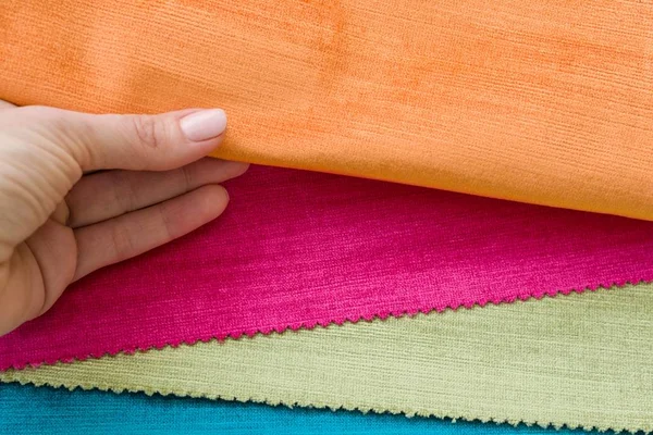 Samples of colorful interior fabrics. Book of fabrics for curtains, upholstery — Stock Photo, Image