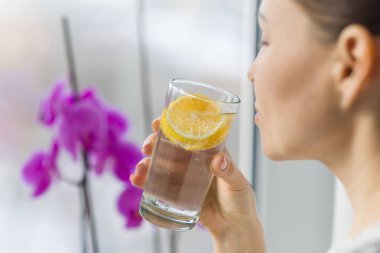 Kadın içme yaz meyve yenileme infüzyon su taze organik limon aromalı.