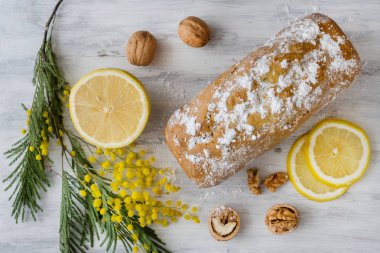 Limonlu kek ahşap beyaz bir yüzeye bir dal Mimoza çiçek fındık ile