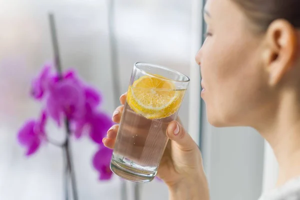 Perempuan minum musim panas menyegarkan rasa buah diresapi air dengan lemon organik segar . — Stok Foto