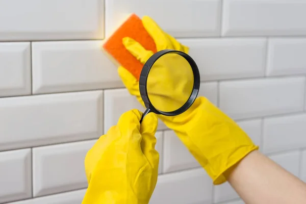 The concept of thorough house cleaning, sponge under a magnifying glass — Stock Photo, Image