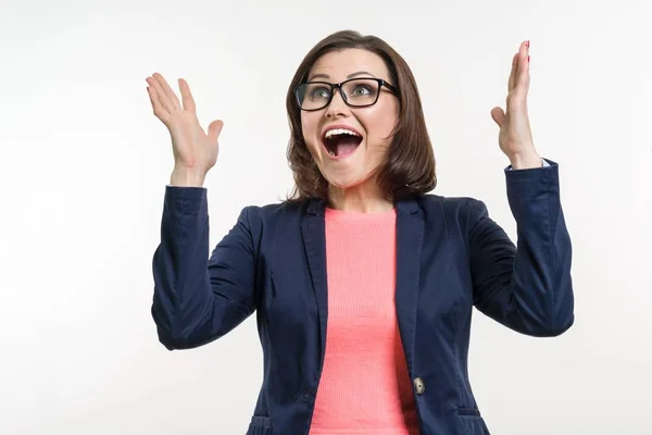 Portrait of happy mature businesswoman with thumbs up. White Background Studio — Stock Photo, Image