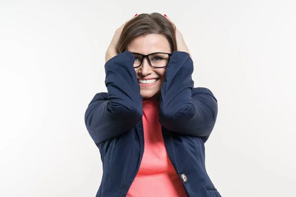 Portrait of very happy surprised adult business woman holding her head in amazement. White Background Studio — Stock Photo, Image