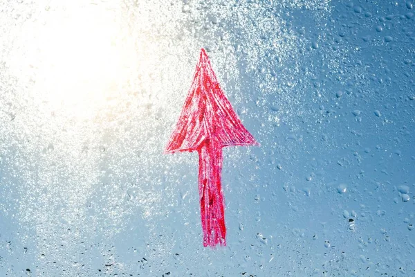 Handwritten Red Arrow Rainy Window Background Drop Water Glass Blue — Stock Photo, Image