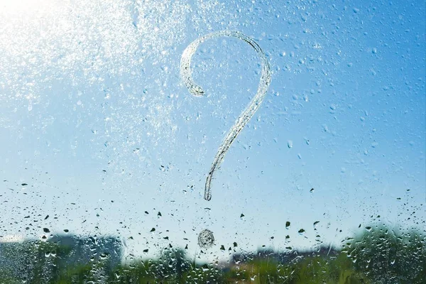 Handwritten Question Mark Rainy Window Background Drop Water Glass Blue — Stock Photo, Image