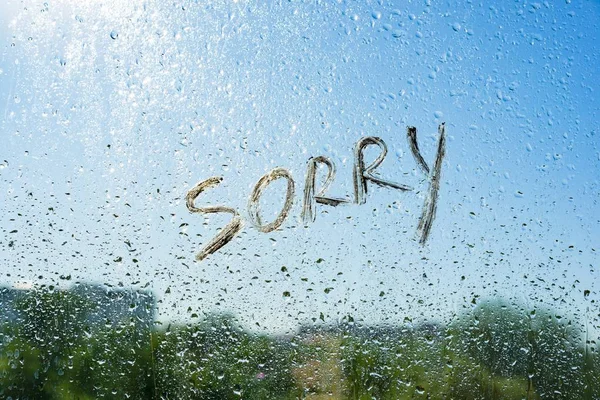 Word Sorry Window Raindrops Background Drop Water Glass Blue Sky — Stock Photo, Image