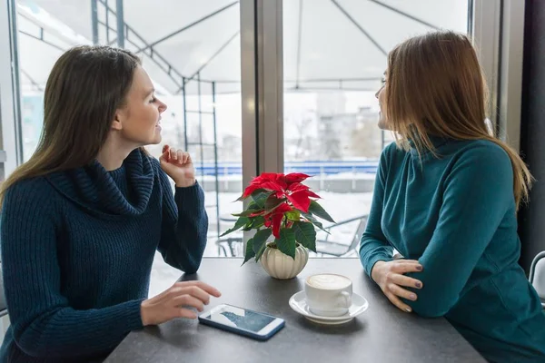 Dos mujeres jóvenes sentadas en la cafetería y mirando por la ventana de invierno — Foto de Stock