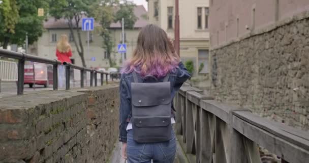 Tiener meisje wandelen over vintage houten brug in oude toeristische stad, achteraanzicht — Stockvideo