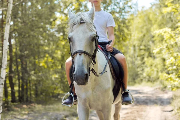 Primo piano di cavallo bianco in esecuzione con adolescente pilota ragazzo — Foto Stock