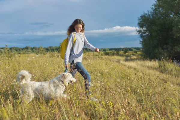 Dynamiskt utomhusporträtt av löpartjejen med hund — Stockfoto