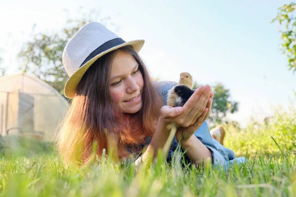农场漂亮姑娘的画像，手里拿着两只刚出生的小鸡 — 图库照片