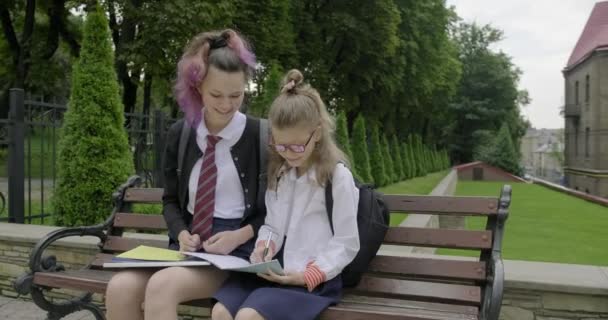 Two schoolgirls sitting on bench, primary and high school student. — Stock Video