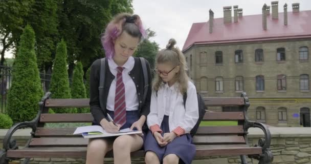 Two schoolgirls sitting on bench, primary and high school student. — Stock Video