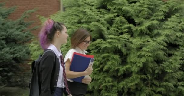 Vrouw leraar en meisje tiener middelbare school student wandelen — Stockvideo