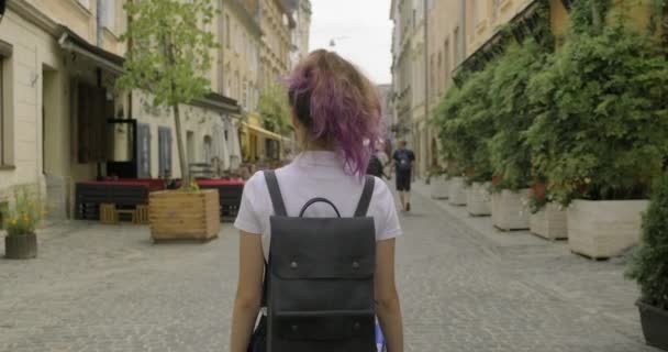 Beautiful student teenager girl with backpack walking, back view — Stockvideo