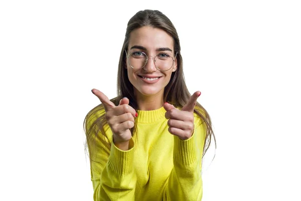 Surprised emotional female pointing finger at you — Stock Photo, Image