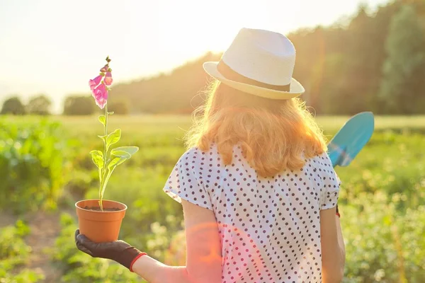 Ung flicka i hatt med handskar går i trädgården med spade och blomma växt i kruka — Stockfoto