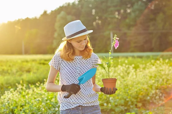 Gadis dalam sarung tangan dengan alat berkebun Menanam bunga di kebun — Stok Foto