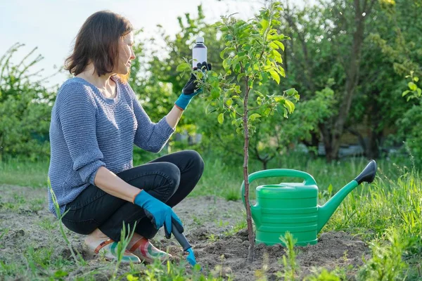Musim semi bekerja di kebun, botol pupuk kimia, fungisida di tangan — Stok Foto
