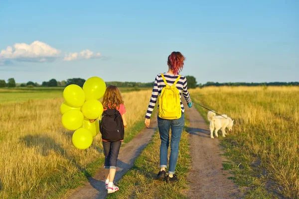 Enfants deux filles marchant le long de la route de campagne avec chien et ballon, vue arrière — Photo