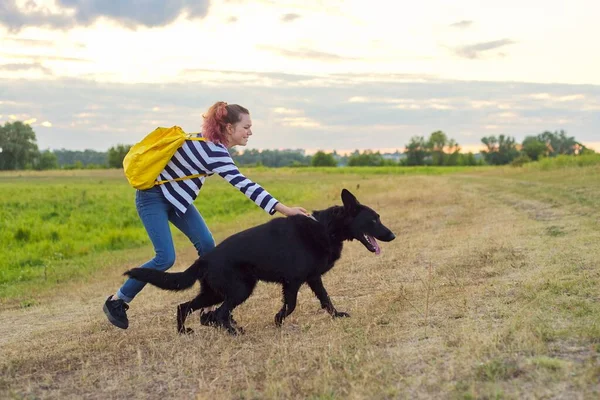 Adolescent fille animal propriétaire jouer et parler avec Gros noir berger chien — Photo