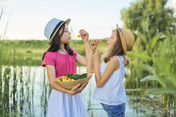 Dos chicas comiendo cerezas amarillas, día de verano en la naturaleza — Foto de Stock