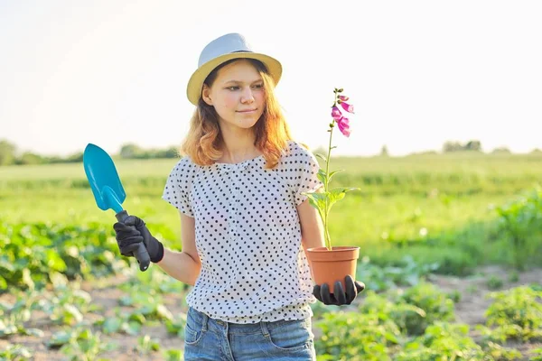 Potret gadis tukang kebun yang cantik dengan topi sarung tangan dengan pot bunga tanaman dan sekop taman — Stok Foto