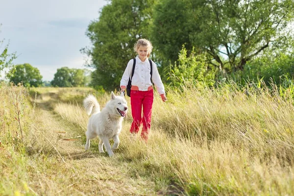 Petite fille enfant courir avec chien blanc dans la prairie — Photo