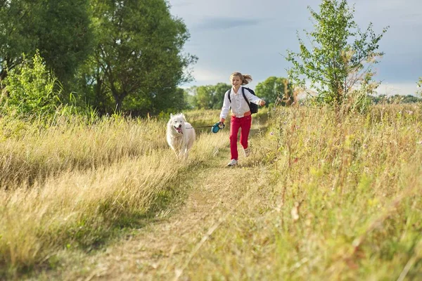 Liten flicka barn som springer med vit hund på ängen — Stockfoto