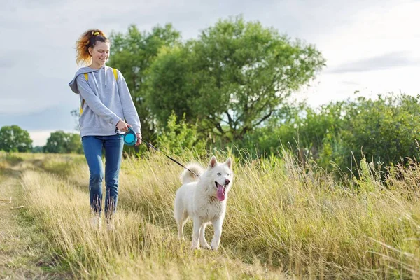 Aktiv hälsosam livsstil, tonåring flicka promenader med vit husky hund — Stockfoto