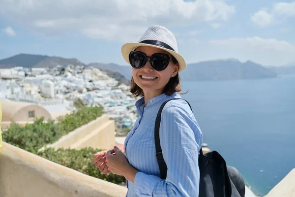 Portrait of middle aged woman on Santorini island