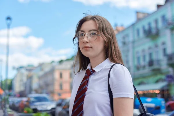 Portrait Girl Student Teenager Glasses Tie White Shirt Backpack Background — Stock Photo, Image