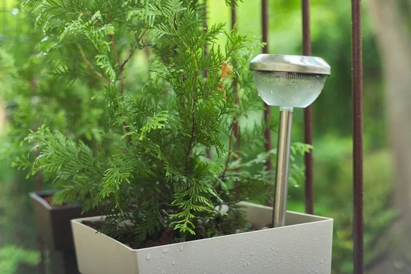 Lamp on the terrace in raindrops, garden lamp solar powered.