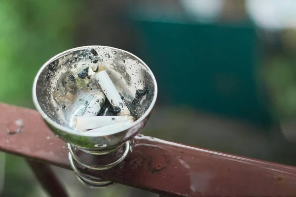 Cigarette Butts Ashtray Outdoor Terrace Metal Ashtray Morning Rain Copy — Stock Photo, Image