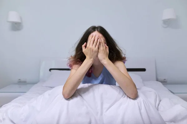 Sad Teenager Girl Sitting Home Bed — Stock Photo, Image