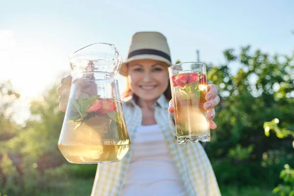 Close Jug Glass Natural Herbal Mint Strawberry Drink Hands Woman — Stock Photo, Image