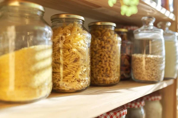 Wooden Shelves Pantry Food Storage Grain Products Storage Jars — Stock Photo, Image